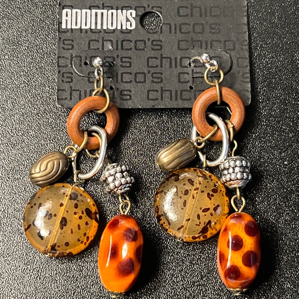 Chico's Additions Line Boho Orange Brown Glass Metal Wood Charms Earrings NWT